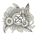 An infinity sign incorporating a feather, a mountain, and a daisy, signifying eternal love. tattoo design idea