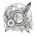 An infinity sign incorporating a feather, a mountain, and a daisy, signifying eternal love. tattoo design idea
