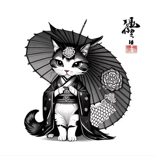 kitsunein kimono with umbrela andmandalas bw honeycombs tattoo design idea