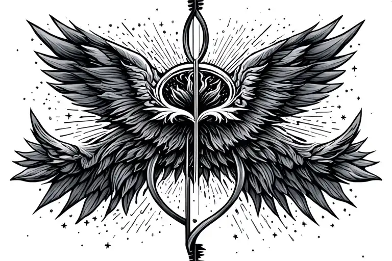 Sagittarius bow and arrow with infinity symbol as the center point of the bow and the strings made of tiny stars tattoo design idea