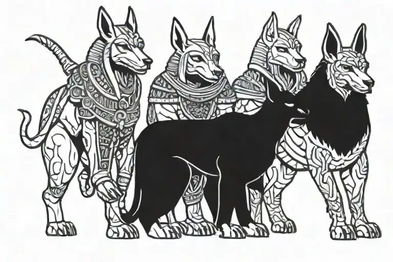 Anubis, and on the sides a bull and Cerberus with a toothed ascalus tattoo design idea