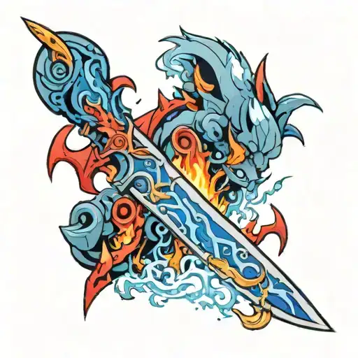 Flame-emitting knife with blue on the right and red on the left tattoo design idea