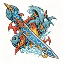 Flame-emitting knife with blue on the right and red on the left tattoo design idea