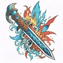 Flame-emitting knife with blue on the right and red on the left tattoo design idea