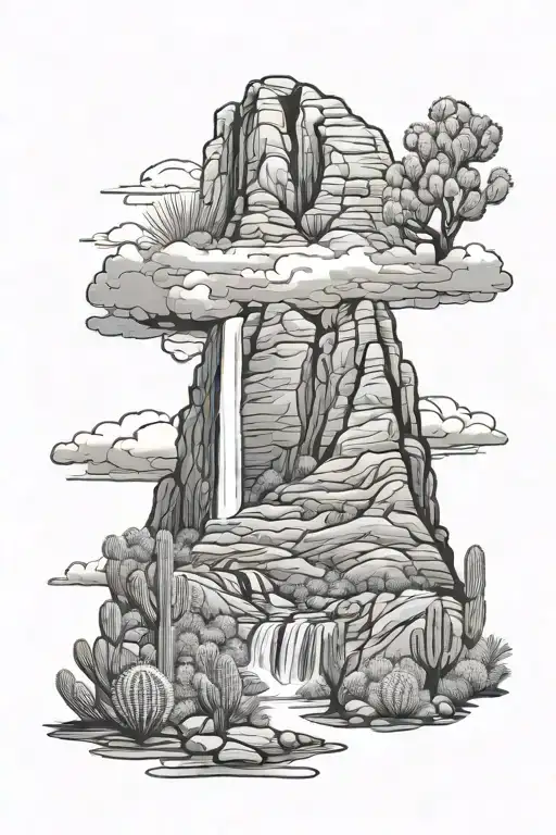 Arizona mountain landscape with waterfall clouds and trees and cactus tattoo design idea