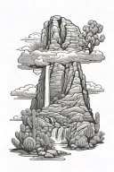 Arizona mountain landscape with waterfall clouds and trees and cactus tattoo design idea