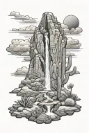 Arizona mountain landscape with waterfall clouds and trees and cactus tattoo design idea
