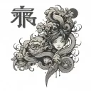 Nebula, Chinese characters on nebula with people's eyes, anime style tattoo design idea