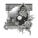 Nebula, Chinese characters on nebula with people's eyes, anime style tattoo design idea