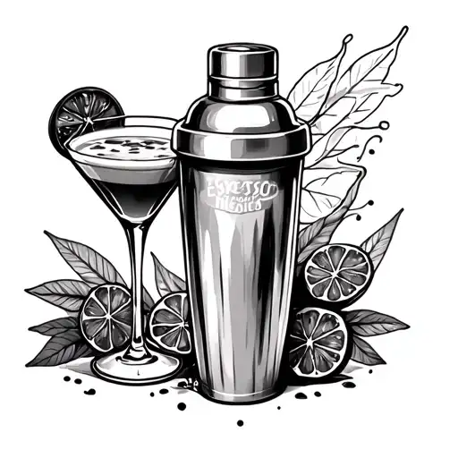 espresso martini and Boston shaker fine line design tattoo design idea