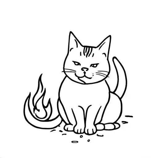 The cat washes a paw and a fire behind tattoo design idea