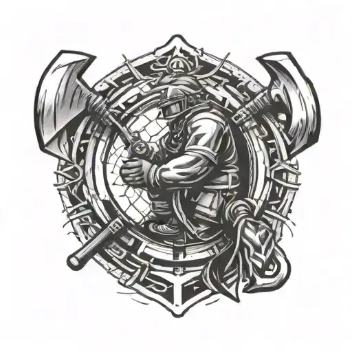 firefighter, axe,sledgehammer and rope,geometric tattoo design idea