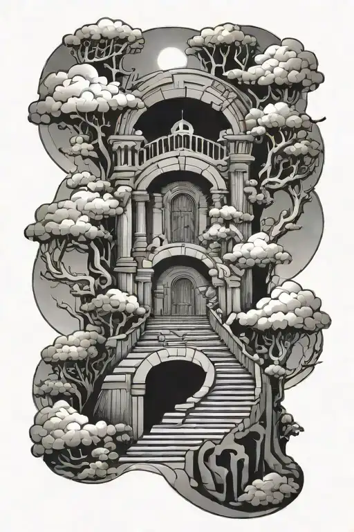 on the top of my arm i want:stairway to heaven with open gates at the top with a little boy and god at the gates and th tattoo design idea