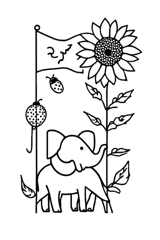 Design a simple fine line tattoo that looks like a stamp that includes an elephant, sunflower, golf flag, and ladybug  tattoo design idea