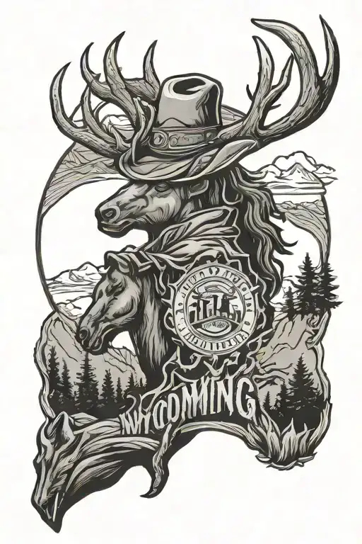Wyoming cowboy logo surrounded by forest and elk tattoo design idea