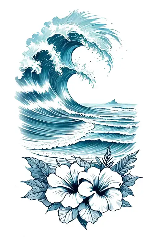 ocean waves crashing on beach with hibiscus flowers on the bottom tattoo design idea