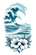 ocean waves crashing on beach with hibiscus flowers on the bottom tattoo design idea