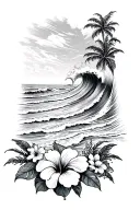 ocean waves crashing on beach with hibiscus flowers on the bottom tattoo design idea