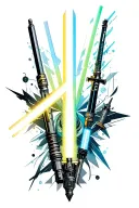 An abstract geometric design incorporating elements from all the different lightsabers in a neotraditional style tattoo design idea