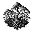 A psychedelic forest scene with twisted trees and glowing mushrooms tattoo design idea