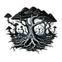 A psychedelic forest scene with twisted trees and glowing mushrooms tattoo design idea