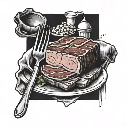 American traditional style tattoo featuring a slab of meat with a fork sticking into it.  tattoo design idea