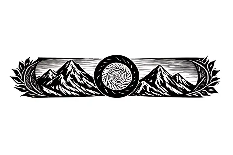 Pachamama spiral with mountain outline intertwined coca leaves tattoo design idea