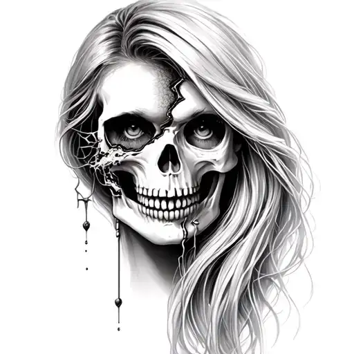 Pretty woman's face with long hair, piercing of which a quarter of the face is torn off and reveals the skull. tattoo design idea