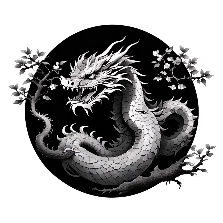japnese dragon with cherry tree surrounded tattoo design idea
