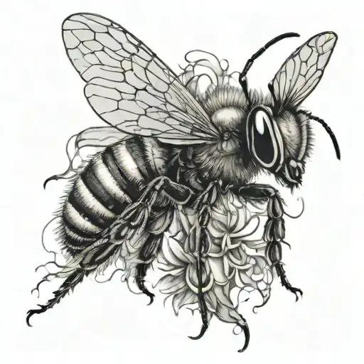 A dramatic close-up of an enraged honeybee, its body taut and wings buzzing with a fierce energy tattoo design idea