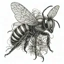 A dramatic close-up of an enraged honeybee, its body taut and wings buzzing with a fierce energy tattoo design idea