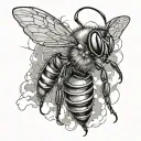 A dramatic close-up of an enraged honeybee, its body taut and wings buzzing with a fierce energy tattoo design idea