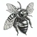 A dramatic close-up of an enraged honeybee, its body taut and wings buzzing with a fierce energy tattoo design idea