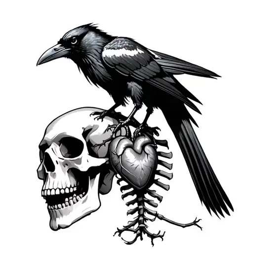 raven standing on a skull with heart connected to spinal column tattoo design idea