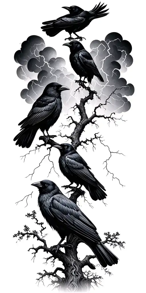 4 crows with trees and cloudy lightning storm  tattoo design idea