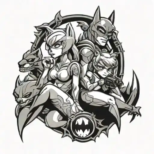 Rockmusik, Gaming, Jurassic Park, Batman, Catwoman, Princess Peach tattoo design idea