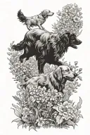 small black dog running alongside large longhair retriever dog in a field of flowers tattoo design idea