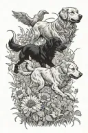 small black dog running alongside large longhair retriever dog in a field of flowers tattoo design idea