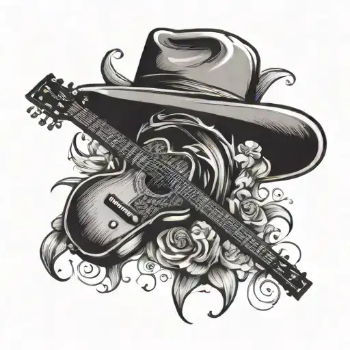 simple cross with a guitar and cowboy hat tattoo design idea