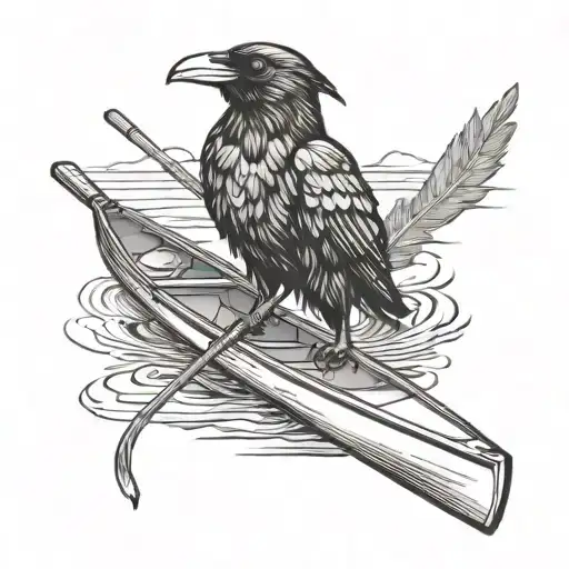 crow paddling a canoe floating tattoo design idea