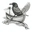 crow paddling a canoe floating tattoo design idea
