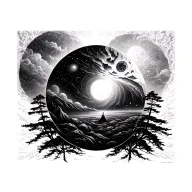 universe, nature scene, circular design, simple, black and white, philosophy, god tattoo design idea
