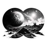 universe, nature scene, circular design, simple, black and white, philosophy, god tattoo design idea
