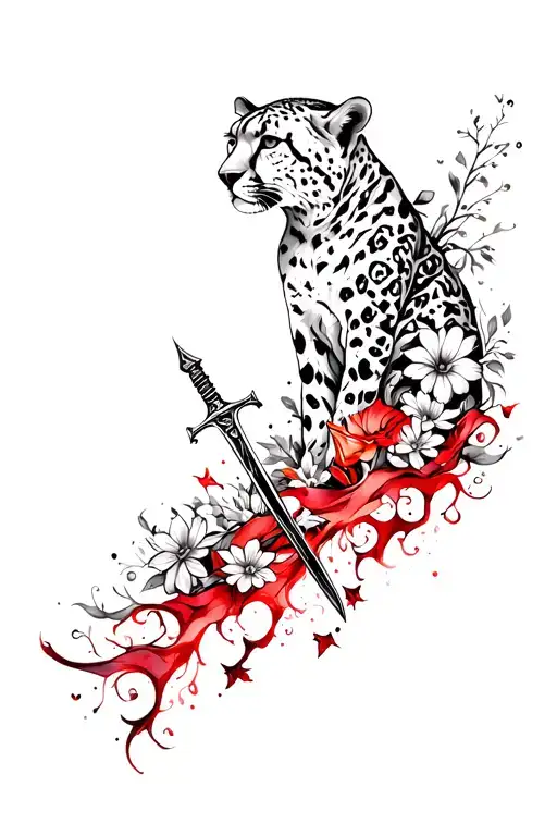 back tatto with cheetah on top, flowers, fishes a sword, red and black ink flowing down spine tattoo design idea