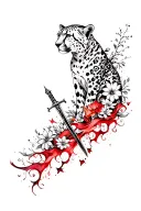 back tatto with cheetah on top, flowers, fishes a sword, red and black ink flowing down spine tattoo design idea