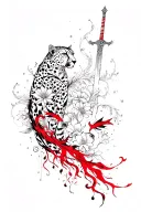 back tatto with cheetah on top, flowers, fishes a sword, red and black ink flowing down spine tattoo design idea