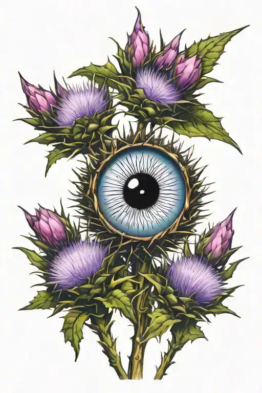 bunch of thistle with an eye looking out of the flower tattoo design idea