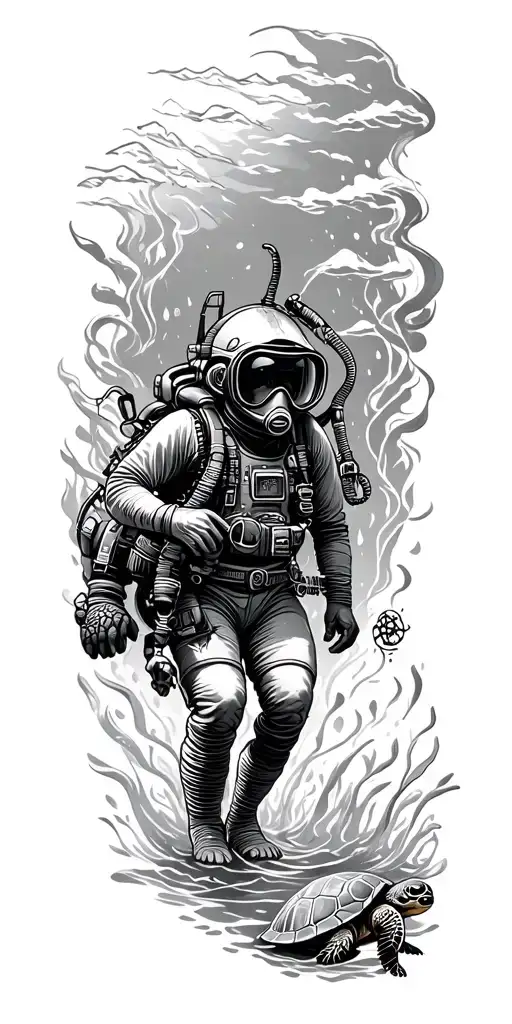 deep sea diver exploring the depths, ship wreck, treasure, turtle tattoo design idea