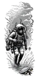 deep sea diver exploring the depths, ship wreck, treasure, turtle tattoo design idea