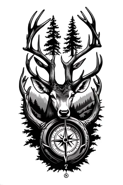 forest landscape surrounded by deer antlers with compass tattoo design idea